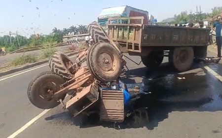 तेज रफ्तार ट्रक ने ट्रैक्टर और बाईक सवार को उड़ाया