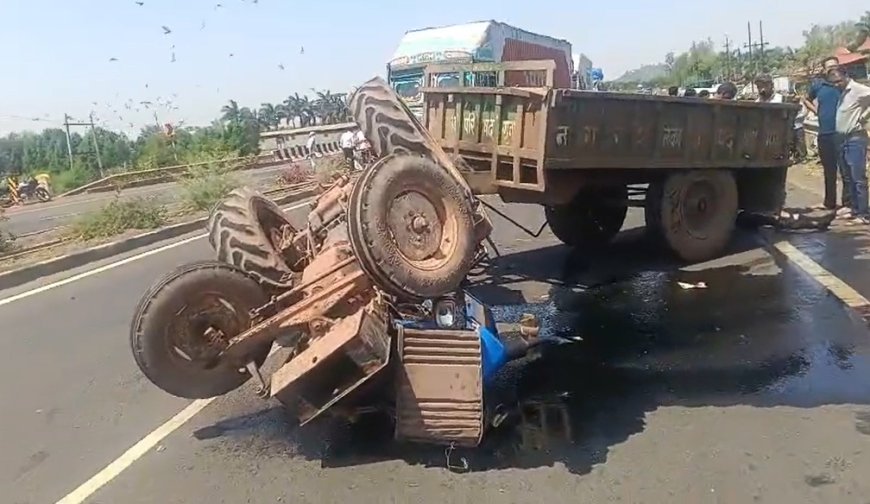 तेज रफ्तार ट्रक ने ट्रैक्टर और बाईक सवार को उड़ाया