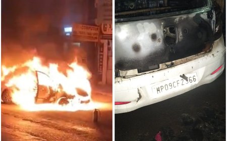 चलती कार बनी आग का गोला: गुना के बड़े पुल के पास हादसा, बाल-बाल बचा परिवार